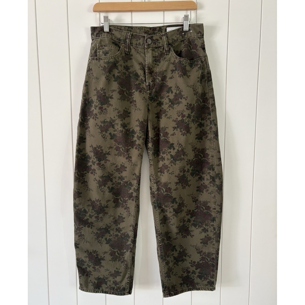 Gap Barrel Jeans High Rise Olive Green Dark Floral Cotton Size 27 / 4 Petite
